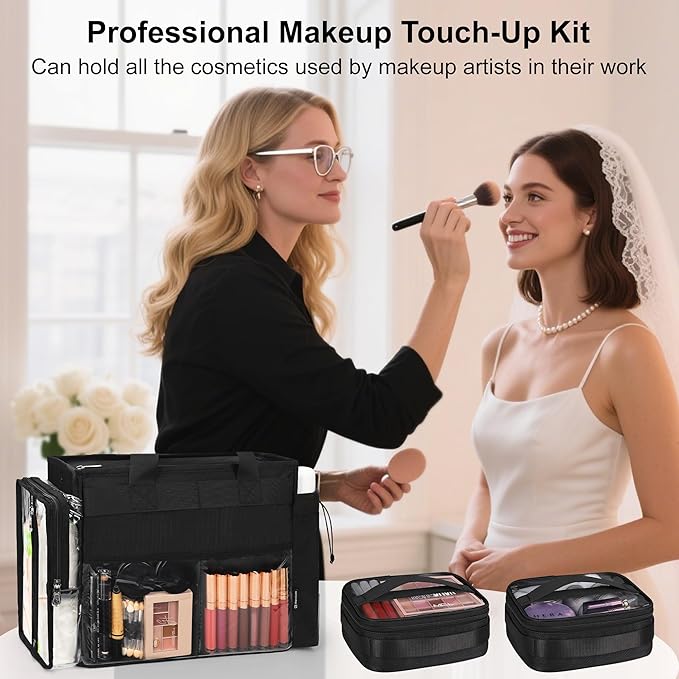 TANTO Travel Makeup Bag, Professional Makeup Artist Bag Tote Bags with 2*bag Extra Large Hair Stylist Travelling Duffle Bag Cosmetic Organizer with Dividers, Gifts for Makeup Beauty Lover (Black
