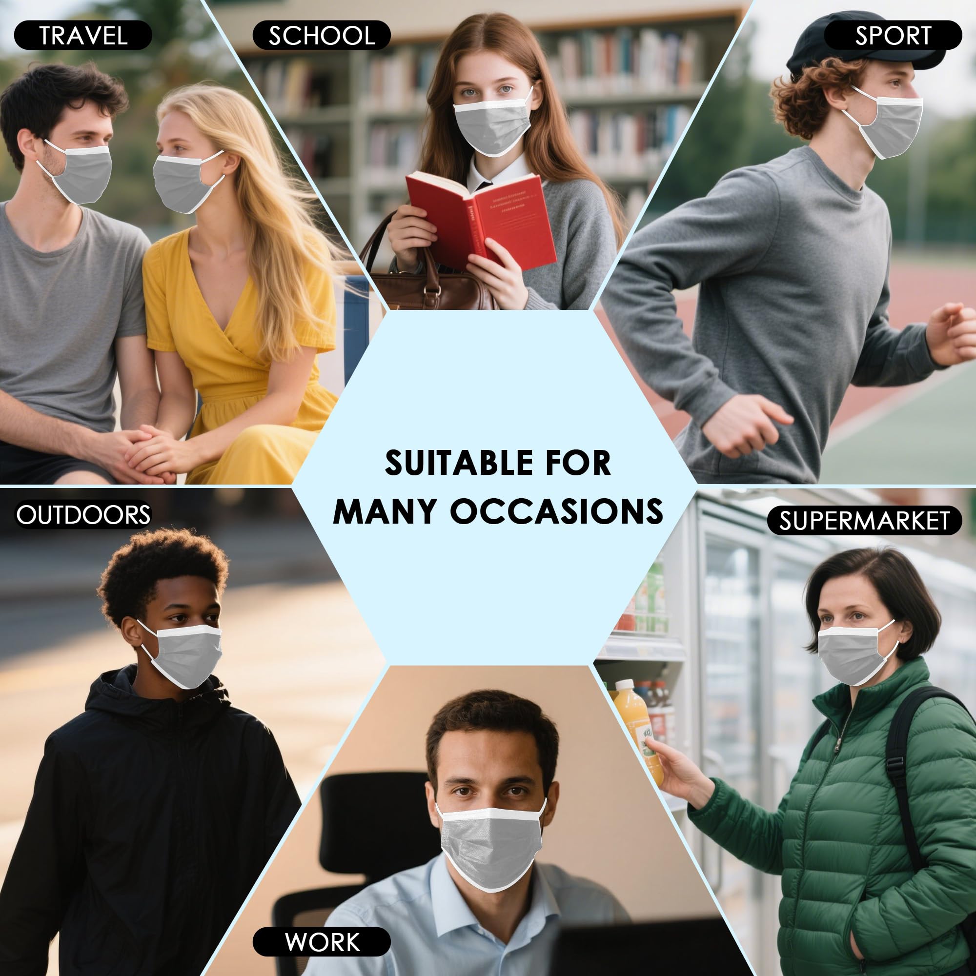 NNPCBT 100PCS Grey Face Masks 3 ply Disposable Mask for Home,School,Office