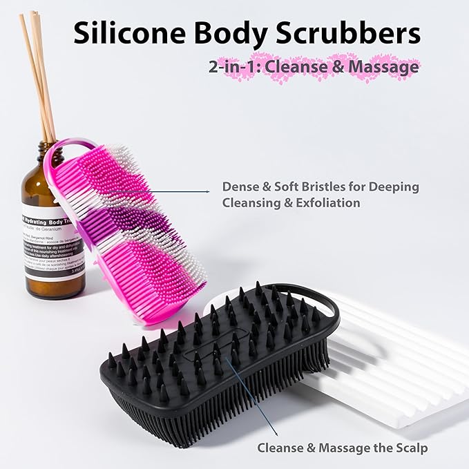2 PC Silicone Body Scrubber, 2 in 1 Exfoliating Shower Bath Scrubber, Soft Silicone Loofah for Sensitive Skin, Shower Hair Scalp Massager, Easy to Clean, Lather Well (Black&Purple)