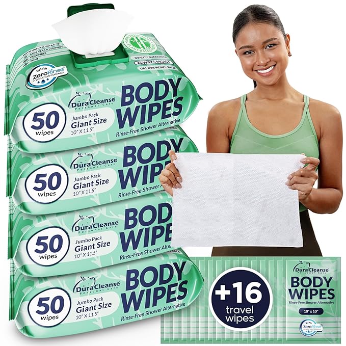 XL Body Wipes for Women, No Rinse Adult Bathing Wash Cloths - 4pk, 200 Shower Wipes + 16 Travel Bath Sheets -10"x11.5" Thick Cleansing Disposable Washcloths for Womens Hygiene & Elderly Incontinence