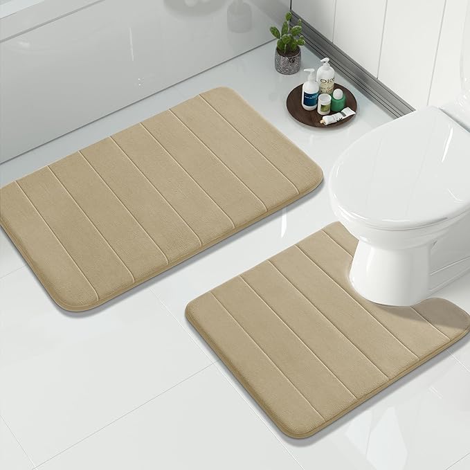 Yimobra Memory Foam Bath Mat Set 2 Piece - Super Soft Absorbent Quick Dry Bathroom Toilet Rugs, Machine Washable Non Slip Floor Carpet for Tub Shower & Single Sink (31.5x20 & 24x20, Pale Khaki)