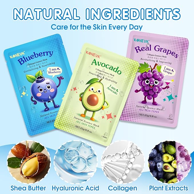 28 Pack Fruit Face Masks Skincare for Kids Girls, Sheet Collagen Face Mask for Women Skin Care, Bulk Hydrating Facial Mask for All Skin Types, Sleepover Party Supplies and Party Spa Gifts for Teens