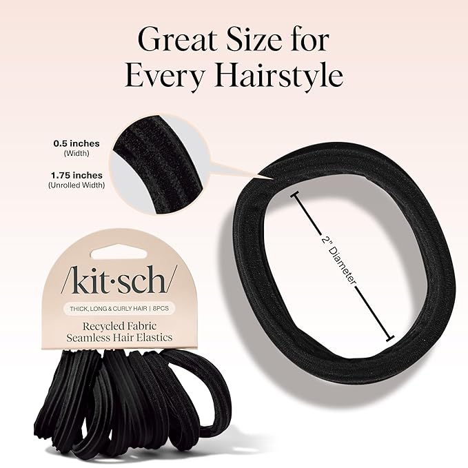 Kitsch Seamless Hair Ties No Damage - Stretchable Hair Bands for Strong All-Day Hold, Ponytail Holders | Hair Accessories for Girls - Black 8 Pcs