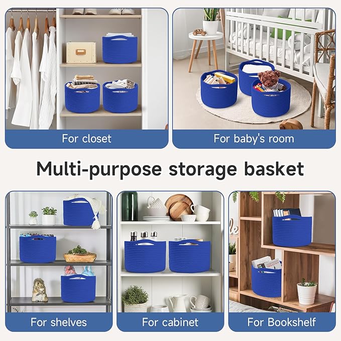 Small Rope Baskets for Storage, Baskets for Gifts Empty, Cute Round Woven Basket, Decorative Shelf Baskets 9.82×9.82×7.1", Cotton Toy Basket Storage Bins for Organizer 3 Packs