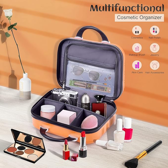 14 Inch Makeup Train Case PC ABS Hard Shell Cosmetic Organizer Portable Toiletry Bag Travel Vanity Case Small Suitcase Makeup Box for Women Outside Activity With Back Strap