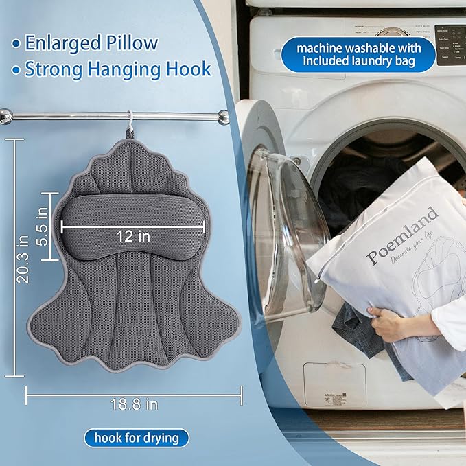 Poemland Bath Pillows for Tub, Luxury Bath Pillow Soft 4d Mesh, Bathtub Pillow with 6 Suction Cups, Ergonomic Bath Tub Pillows for Head and Neck, Bath Accessories for Women Relaxation Gifts (Grey)