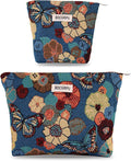 BOCGRPU 2 PCS Makeup Bag Set，Portable Small Cosmetic Bag for Purse ，Large Storage Capacity Toiletry Bag Organizer，Travel Pouch with Zipper for Women, (Flower Garden Blue)