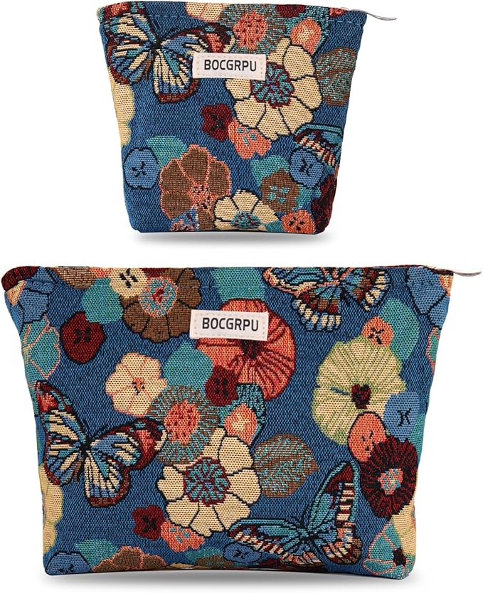 BOCGRPU 2 PCS Makeup Bag Set，Portable Small Cosmetic Bag for Purse ，Large Storage Capacity Toiletry Bag Organizer，Travel Pouch with Zipper for Women, (Flower Garden Blue)