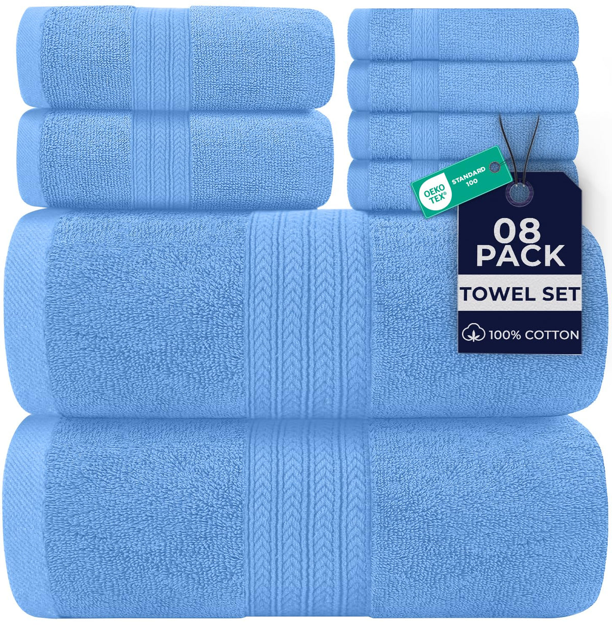 DAN RIVER 8 Piece Luxury Bath Towels for Bathroom, Towel Set, Blue Opal