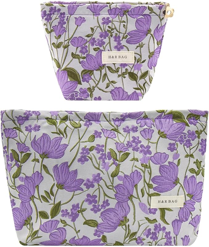 getgto 2 Pcs Makeup Bags, Large Cosmetic Bag Travel Toiletry Bag Organizer for Women, Embroidery Craft, Floral Makeup Bag Small Cosmetic Pouch Purse with Zipper Gifts for Girls Teen