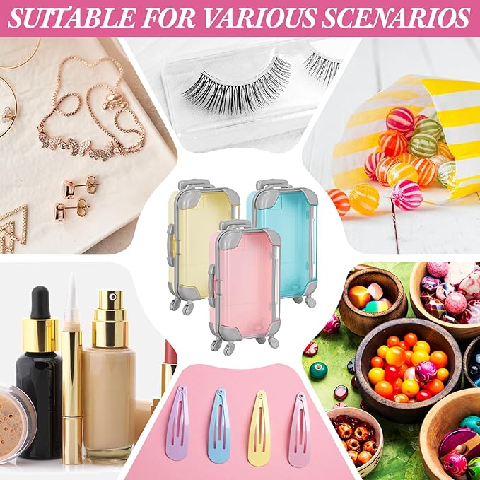 Honeydak 3 Pcs Mini Plastic Suitcase False Eyelashes Tray Luggage Trolley Candy Box Clear Suitcase Packaging Case Party Favor Box for Party Wedding Family Vacation Jewelry Cosmetic Hairpins Storage