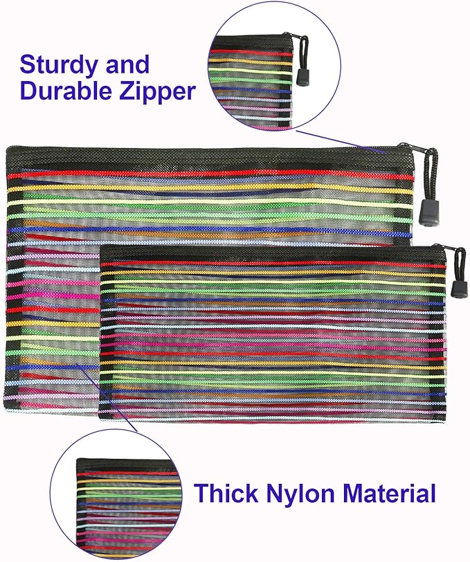 CarryEpic Mesh Bags with Zipper (6 Pack), Nylon Makeup Bag Cosmetic Pouches Travel Organizer Case for Purse Diaper Bag Home Organizing Striped Multi Size Black