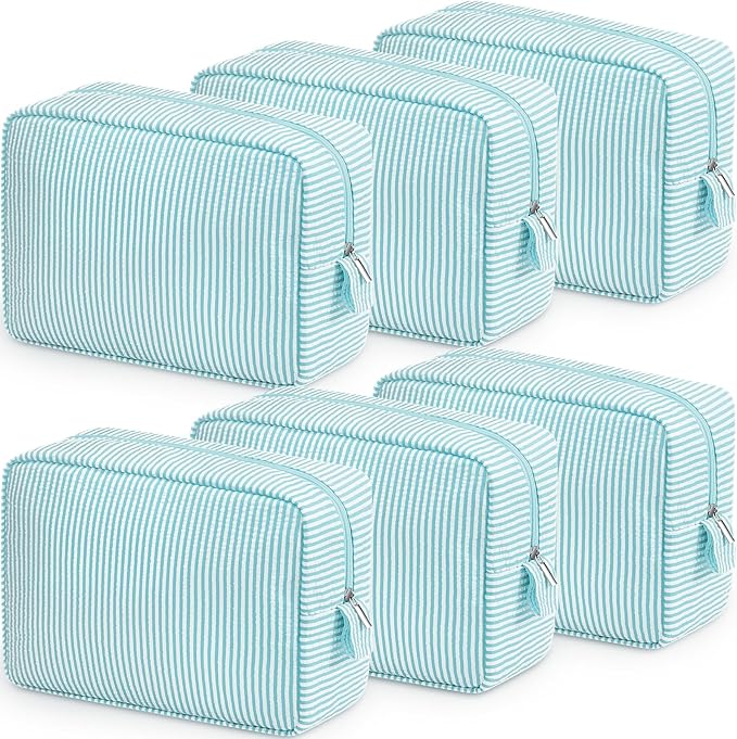 Sanwuta 6 Seersucker Cosmetic Bag Bulk Striped Makeup Bag for Women Aesthetic Cute Travel Toiletry Organizer Preppy Storage Pouch for Wedding Bridesmaid Mother's Day Teacher Gift (Large,Mint Blue)