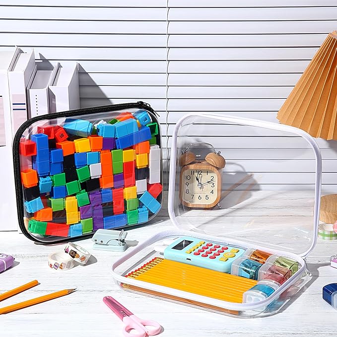 Hoolerry 4 Pcs Hard Clear Zipper Case Makeup Bags Plastic Zipper Pouch Transparent Storage Box Containers for Cosmetics, Snacks, Building Blocks, Puzzles(Clear,9.8 x 7.9 x 2 in,Black and White)