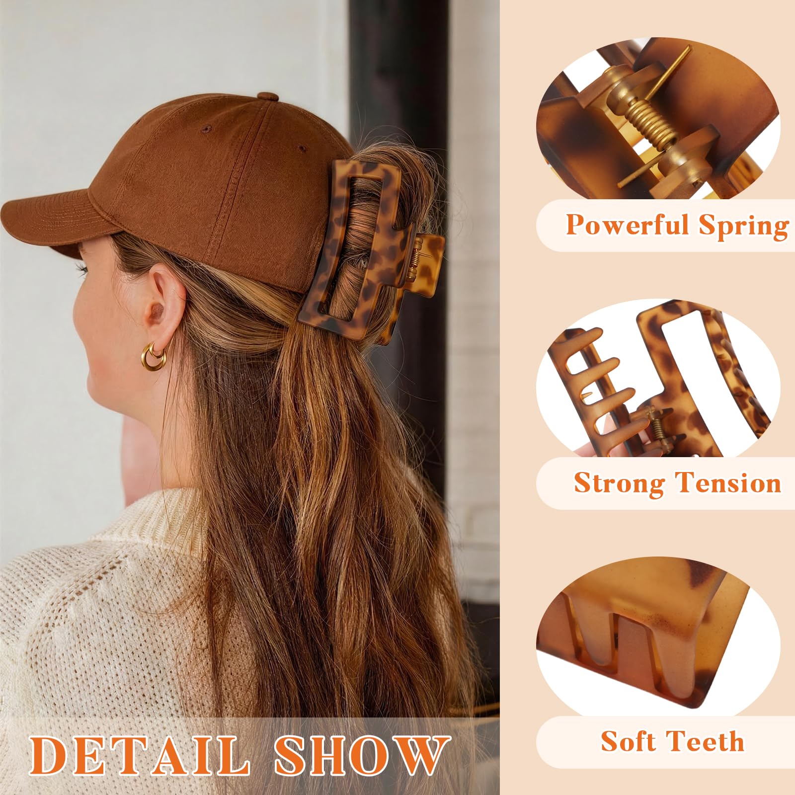 Auseibeely 4 Pack 5 Inch Extra Large Claw Clips for Thick Hair, Jumbo Tortoise Shell Claw Clip for Hat, Big Square Hair Clips for Thick/Long/Curly Hair, Non-slip Baseball Jaw Accessories