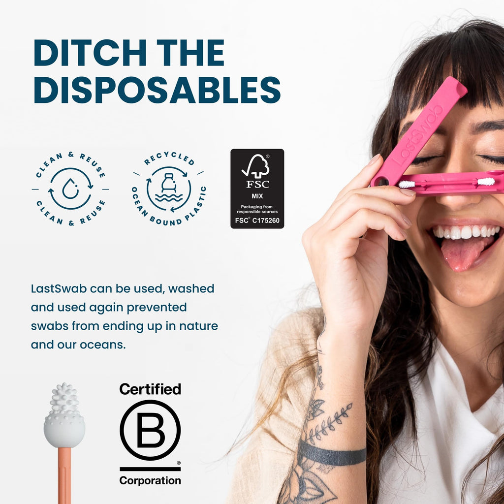 LastSwab™ Baby Reusable Q-Tips for Newborns & Infants - Gentle Silicone Safety Swabs, Ear & Nose Cleaner - Washable Cotton Swab Alternative, BPA-Free, Zero Waste - Peach