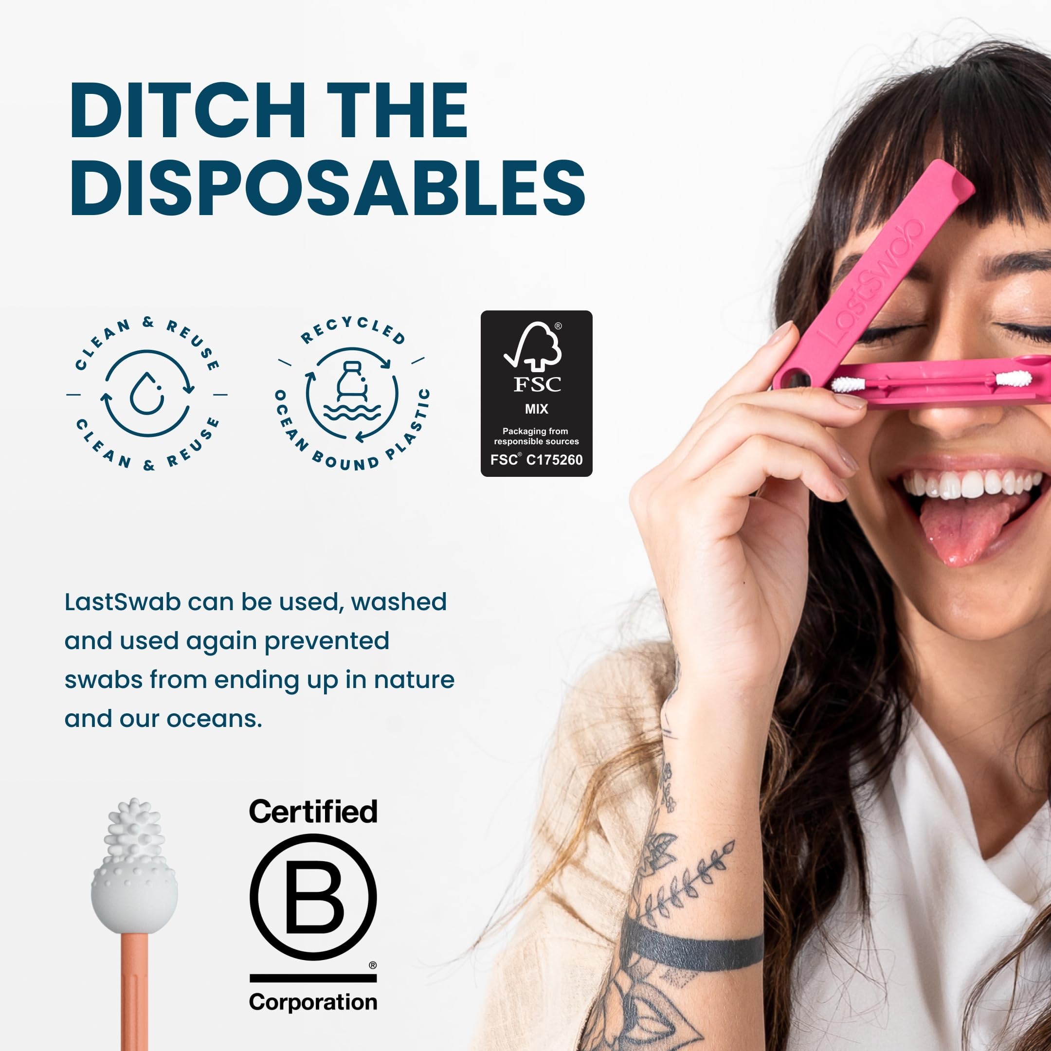 LastSwab™ Baby Reusable Q-Tips for Newborns & Infants - Gentle Silicone Safety Swabs, Ear & Nose Cleaner - Washable Cotton Swab Alternative, BPA-Free, Zero Waste - Peach