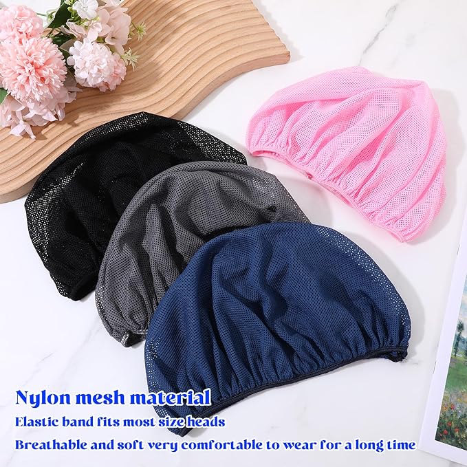 guduling 4pcs Mesh Hair Net for Sleeping, Net Plopping Cap for Drying Curly Hair, Curly Hair Drying Cap for Women Sleeping Dry Hairs, Kitchen Home Use (Black, Navy, Dark Blue, Gray)
