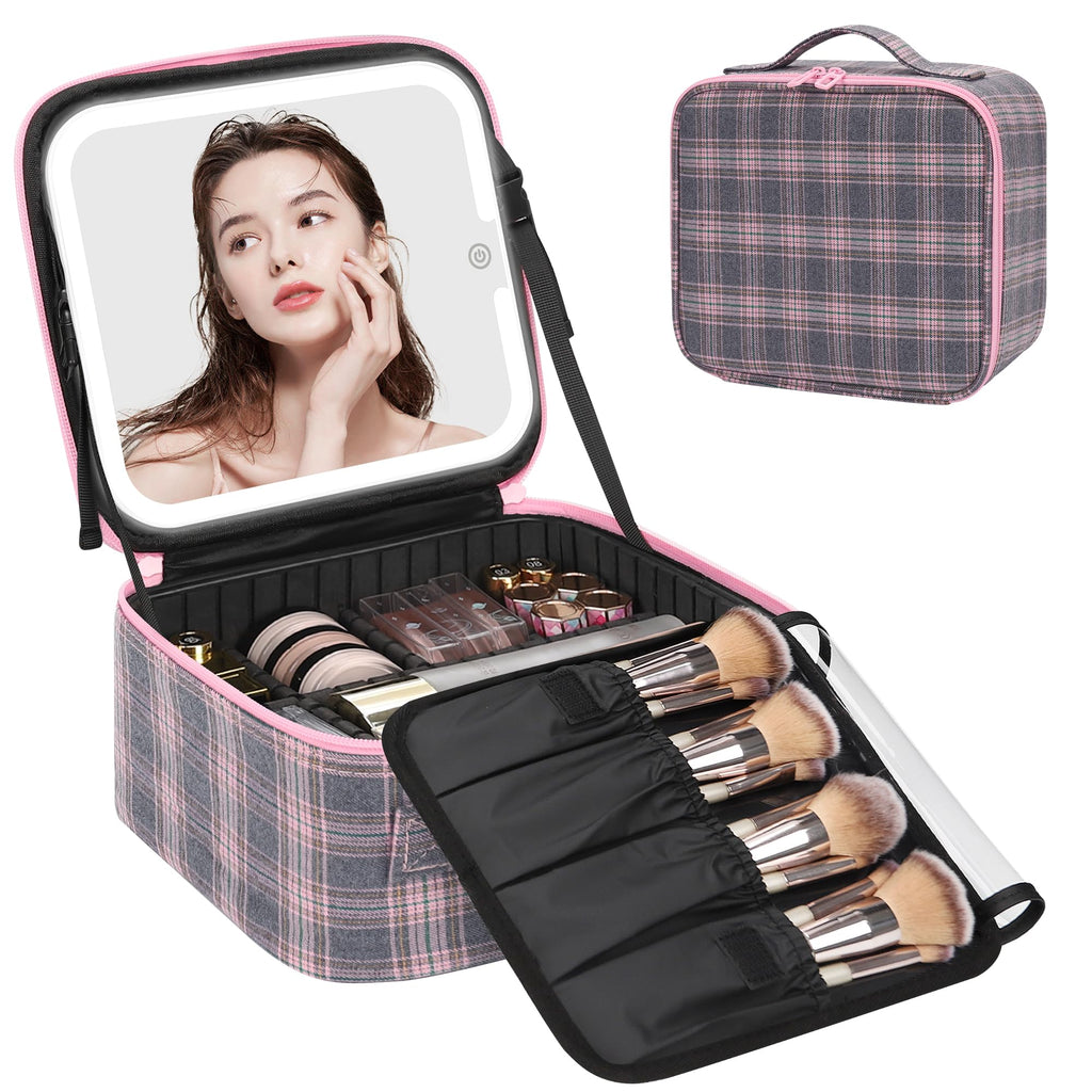 Relavel Travel Makeup Bag With LED Mirror, Portable Cosmetic Organizer Bag with Adjustable Brightness in 3 Color Scenarios, Small Train Case with Detachable Dividers for Trip- Grey Strip