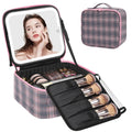 Relavel Travel Makeup Bag With LED Mirror, Portable Cosmetic Organizer Bag with Adjustable Brightness in 3 Color Scenarios, Small Train Case with Detachable Dividers for Trip- Grey Strip