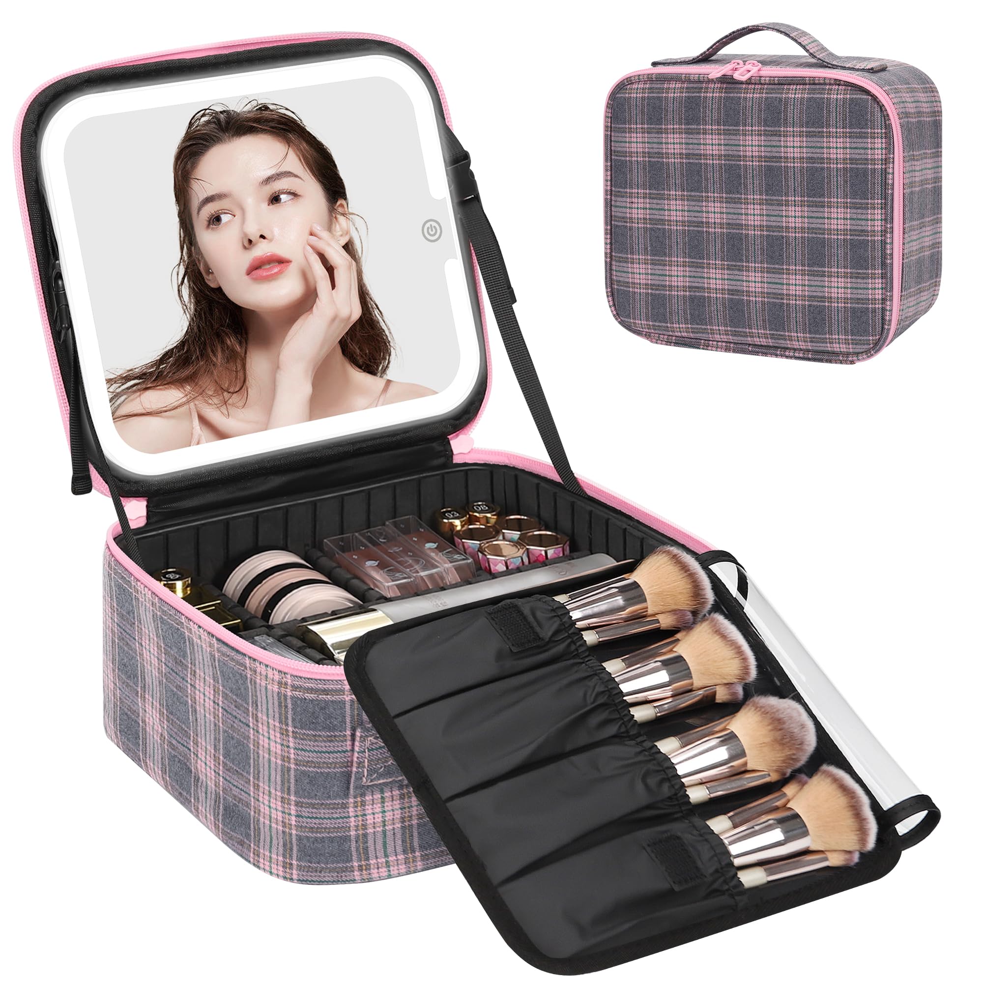 Relavel Travel Makeup Bag With LED Mirror, Portable Cosmetic Organizer Bag with Adjustable Brightness in 3 Color Scenarios, Small Train Case with Detachable Dividers for Trip- Grey Strip