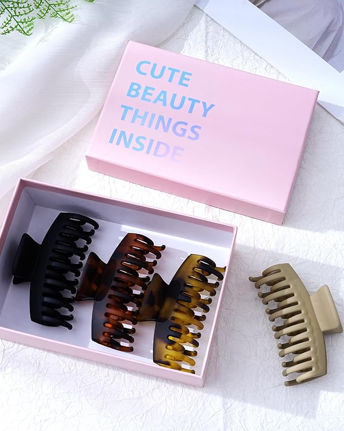 Mesovor 4 Pack Double Row Teeth Hair Claw Clips, 3.5" Large Strong Hold Matte Hair Clips for Thin and Short Fine Hair Accessories (Tortoise Matte)