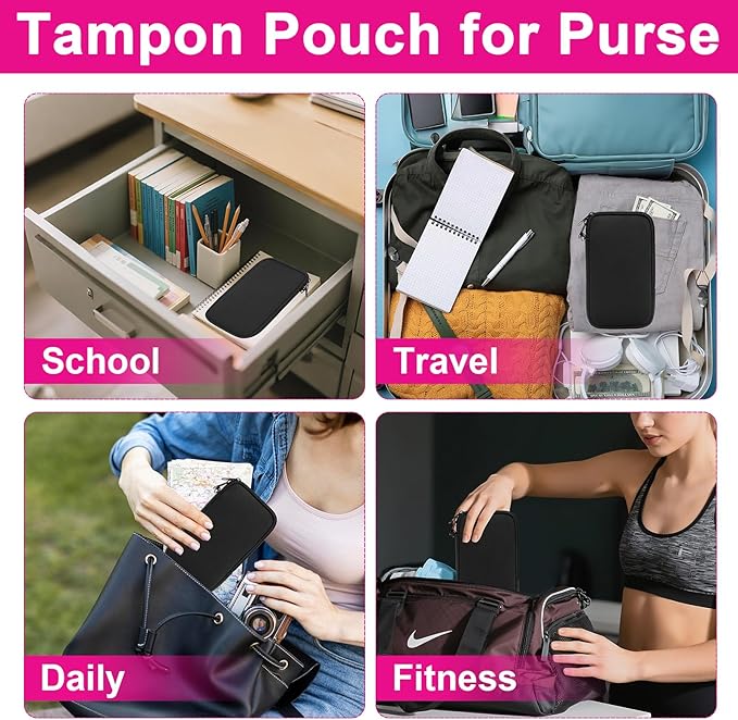 Tampon Holder for Purse, Portable Tampon Bag Organizer Case for Women’s Purse, Travel-Friendly Discreet Period Bag for Feminine Products, Waterproof Pad Bag, Black(Bag Only)