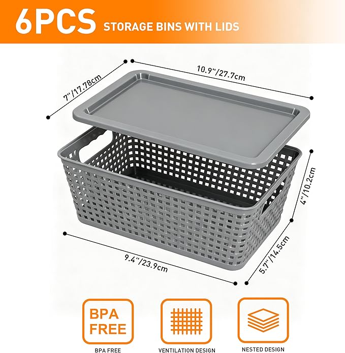 Anywish Plastic Storage Baskets With Lid, Storage Bins for Organizing, Stackable Decorative Containers for Shelves Drawers Desktop Closet Playroom Classroom Office, 6 Pack-Grey