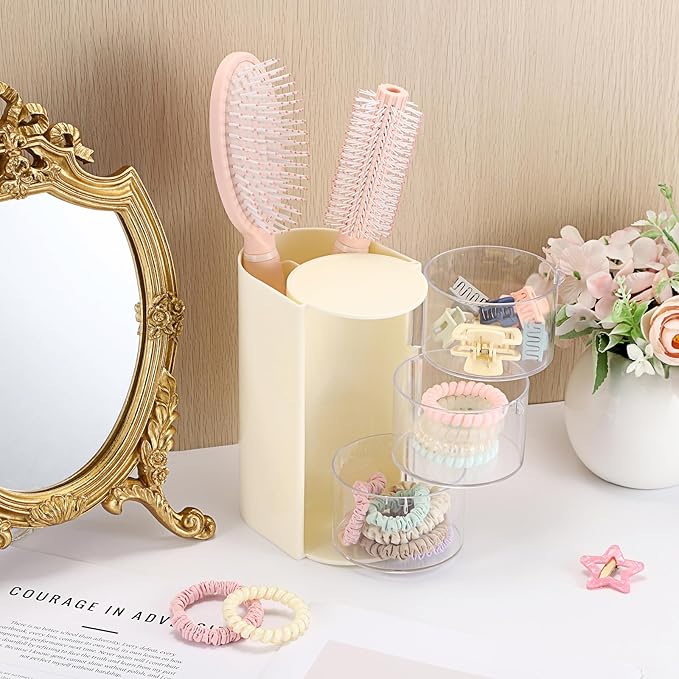 GUSHBIN Plastic Hair Accessories Organizer with Hair Brush Holder Spinning Makeup Storage Container for Vanity Bathroom Countertop, 3-Layer Yellow