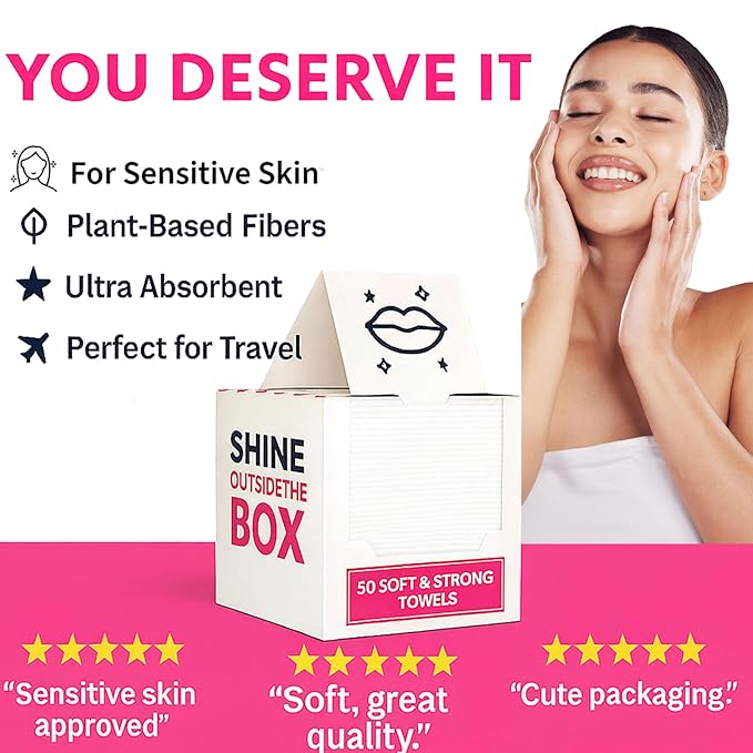 Shimmer Anna Shine XL Disposable Face Towels – 50 Count Ultra-Soft Lint-Free Dry Facial Wipes, 100% Viscose Towels for Skincare, Makeup Removal & Sensitive Skin
