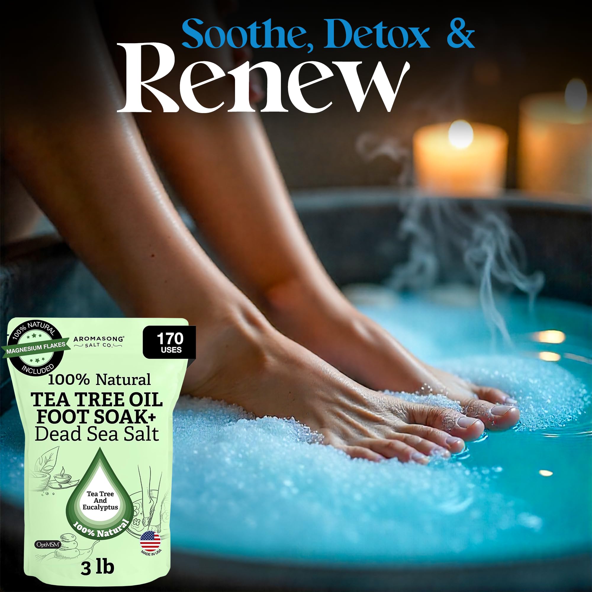 Aromasong Tea Tree Foot Soak with Magnesium Flakes and Dead Sea Salts - Pedicure Foot Soak with Tea Tree Oil for Foot Care, Refreshing Soak for Soft Smooth Feet, Packaging May Vary