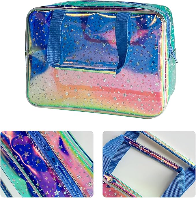 TotePrint Holographic Blue Clear Star Large Cosmetic Bag and TPU Travel Pouch with Handle,Durable Material,Zipper Design-Ideal for Makeup,Travel Essentials (Holographic Blue+Star)
