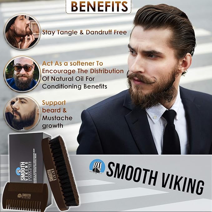 Smooth Viking Beard Brush for Men & Beard Comb Set - Beard Kit for Men with Natural Boar Bristle Barber Brush & Wooden Comb, Facial Hair Grooming & Shaping Tool Gift Set for Hair Products - Brown