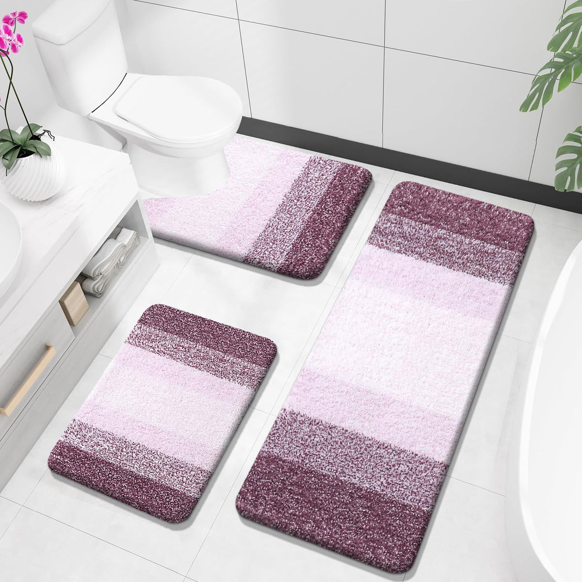 OLANLY Microfiber Bathroom Rugs Sets 3 Piece, Absorbent Bath Mats, Mauve