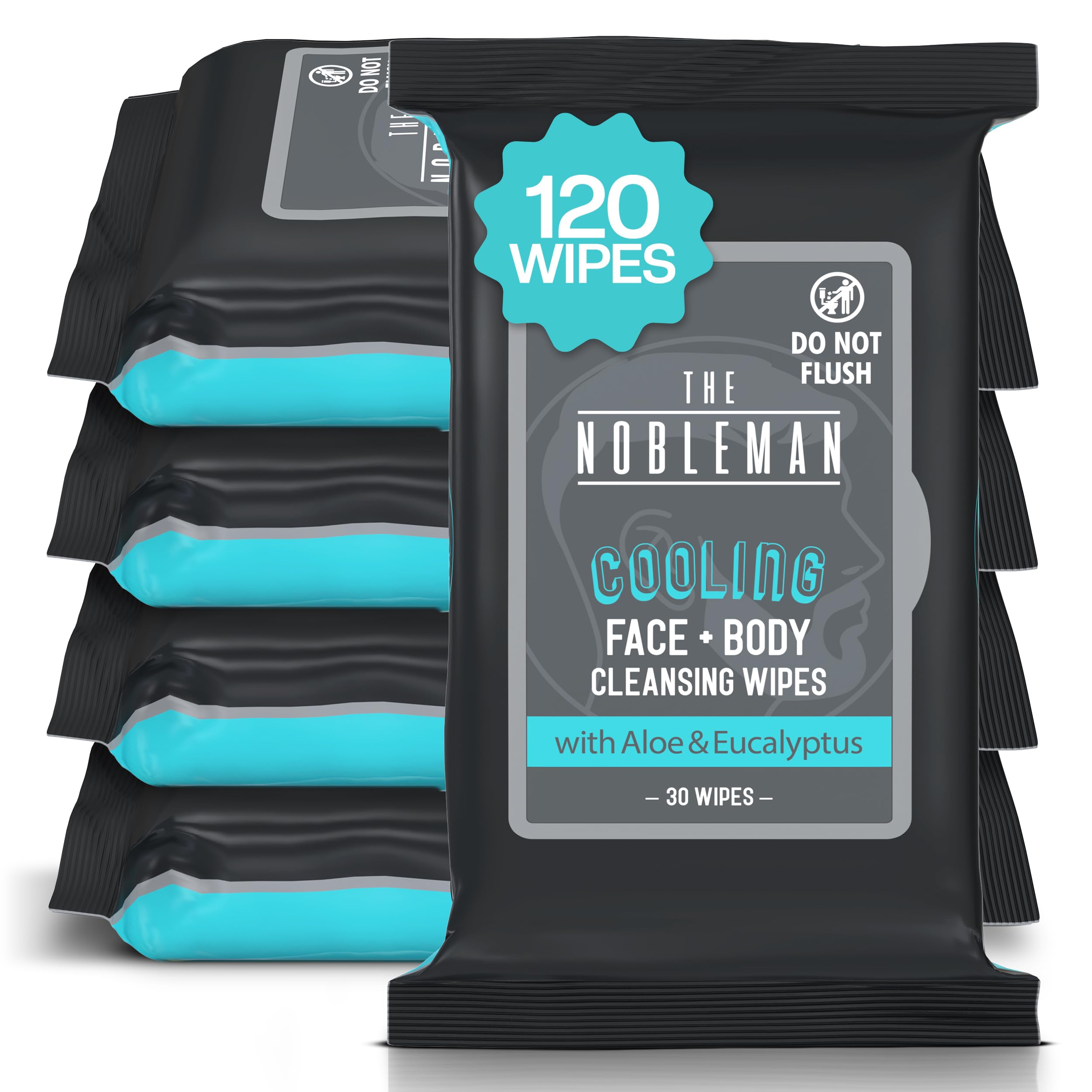 The Nobleman Cooling Face + Body Cleansing Wipes – Refreshing Skincare for Men with Aloe & Eucalyptus, Oil Control, Dirt Removal, Sweat Refresh, Daily Hygiene & After Gym Solution, (4 Pack, 120 Ct)