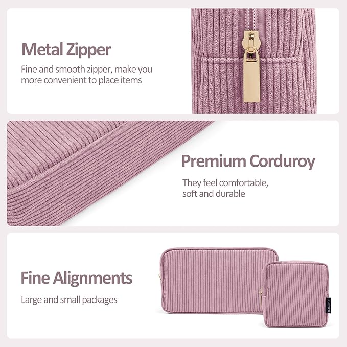 MAGEFY Makeup Bag for Purse, 2 Pcs Corduroy Cosmetic Bag for Women Small Travel Makeup Pouch with Zipper(Pink)