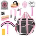 Abbylike 12 Pieces Horse Grooming Kit with Organizer Tote Bag Tack Room Supplies Horse Brush Sets Equine Care Cleaning Kit Shedding Grooming Massaging Tools (Grey and Pink)