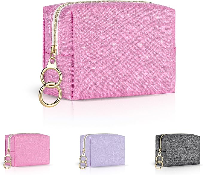 Playexen Mini Makeup Bag, Small Glitter Cosmetic Bag for Purse with Ring Buckle, Portable XS Travel Makeup Pouch for Girls Women Daily Use (Pink)