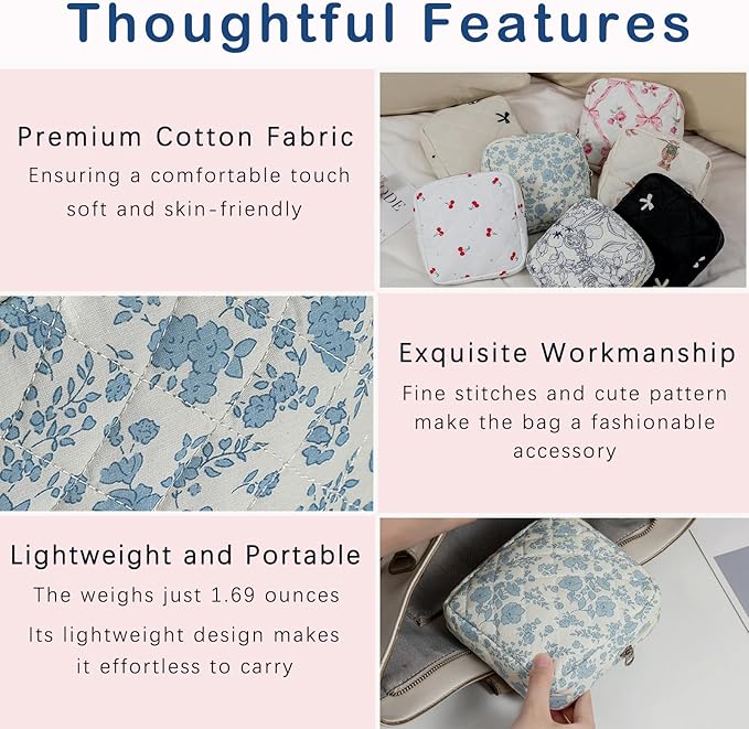 RSRSLEII Small Quilted Cosmetic Pouch for Purse, Mini Cotton Makeup Bag with Compartments, Cute Zipper Lipstick Holder for Women (07LightBlue Flower)