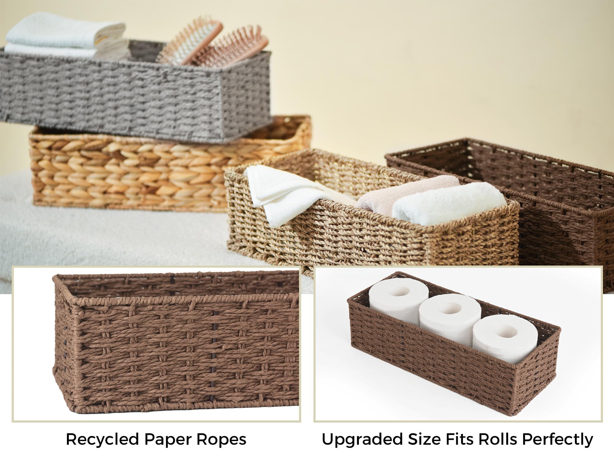 StorageWorks Round Paper Rope Toilet Tank Topper Basket, Wicker Basket for Bathroom, Brown, 2-Pack