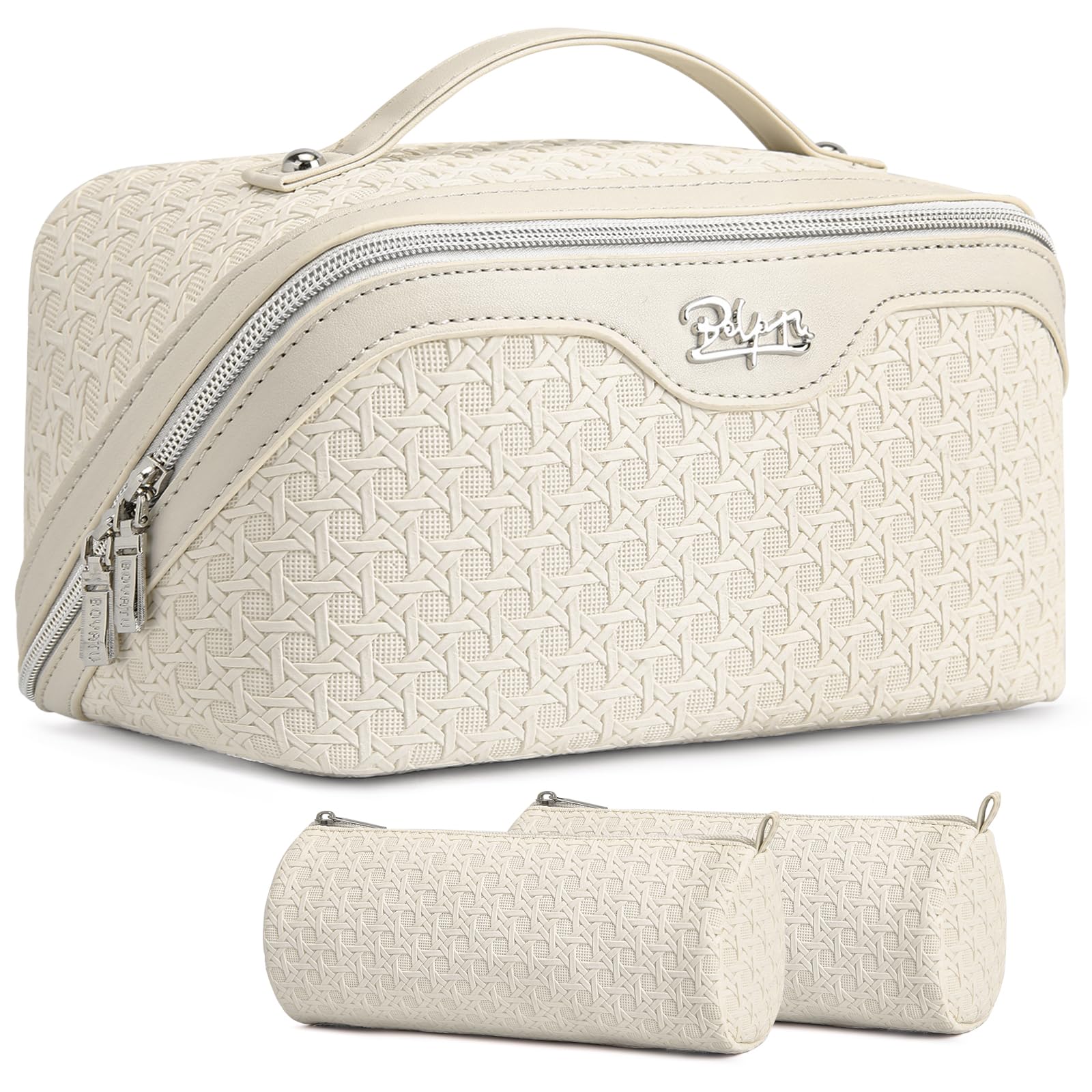 BOYATU Travel Makeup Bag Cosmetic Bags for Women: Large Capacity 3 Pcs Set Make up Bag with Compartments - Waterproof Vegan Leather Toiletry Organizer Bags with Handle (M-72Off-white)