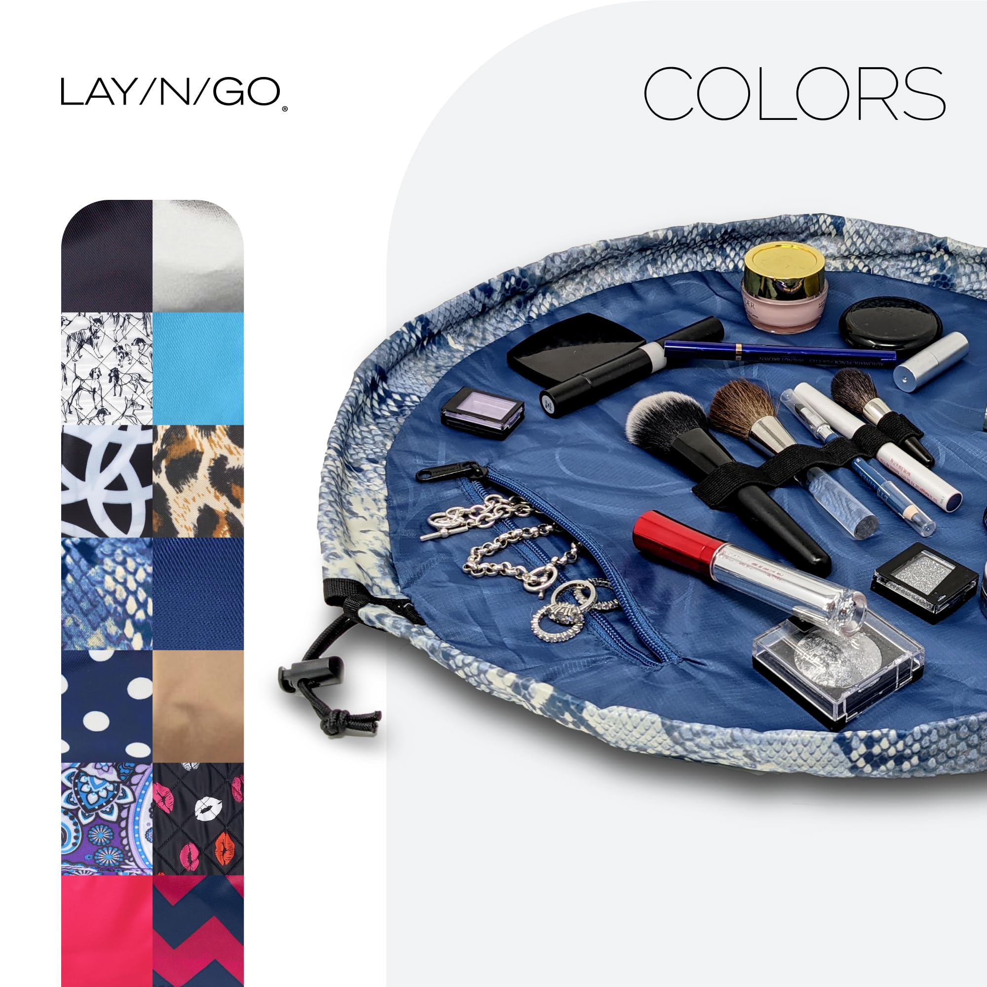 Lay-n-Go Cosmo Drawstring Cosmetic & Makeup Bag Organizer - Portable Drawstring Makeup Bag w/Zipper Pocket, Makeup Loops & More - Durable, Machine Washable Toiletry Bag (20", Blue Snakeskin)