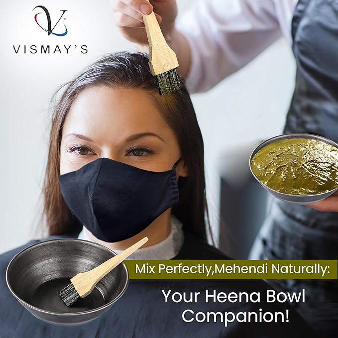 VISMAY'S Pure Iron Henna Bowl with Wooden Brush Mehandi Katora Heena Kadhai Kadai Karahi Durable Loha Katori (7.5 inch (Design 1))