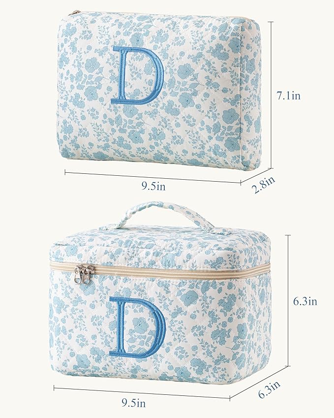 HBselect 2Pcs Initial Quilted Cotton Large Travel Cute Floral Coquette Makeup Cosmetic Toiletry Bag for Women Girls