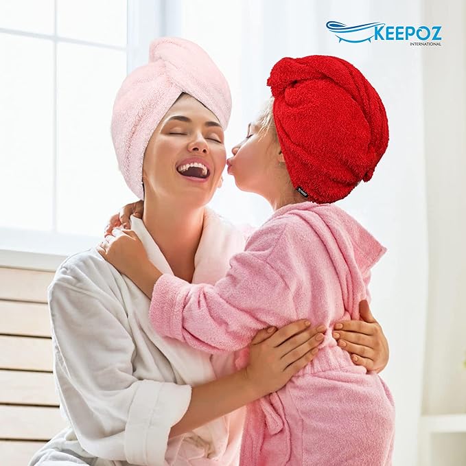 KEEPOZ Hair Towel Wrap Quick Dry 100% Cotton Super Absorbent Turban Head Wrap for Women with Button, Non Microfiber Anti Frizz Hair Cap for Curly, Long & Thick Hair (Pink+Red, 2 Pcs)