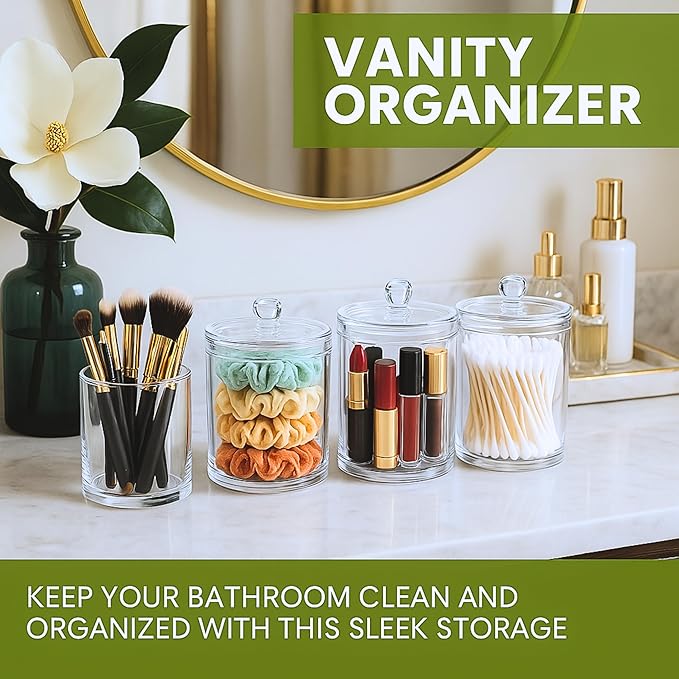 Havenity Acrylic Qtip Holder Bathroom Set, Bathroom Containers with Lids, Clear Plastic Apothecary Jars, Q Tip Holder Bathroom Set, Cotton Swab Holder, Cotton Ball Holder (Pack of 4)
