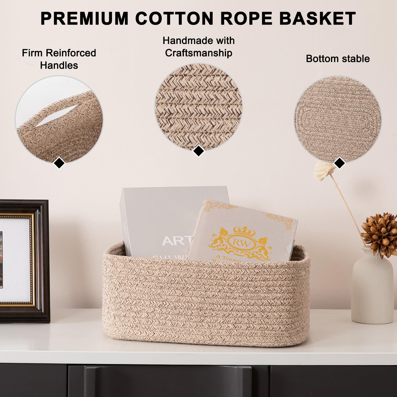 OIASKET 4 Pack Small Storage Shelf Baskets for Organizing, Mini Woven Rope Storage Bins for Towels, Cute Decorative Closet Organizer，Baby Nursery, Gift Empty Baskets -13''Lx8.66''Wx5.11''H-Brown