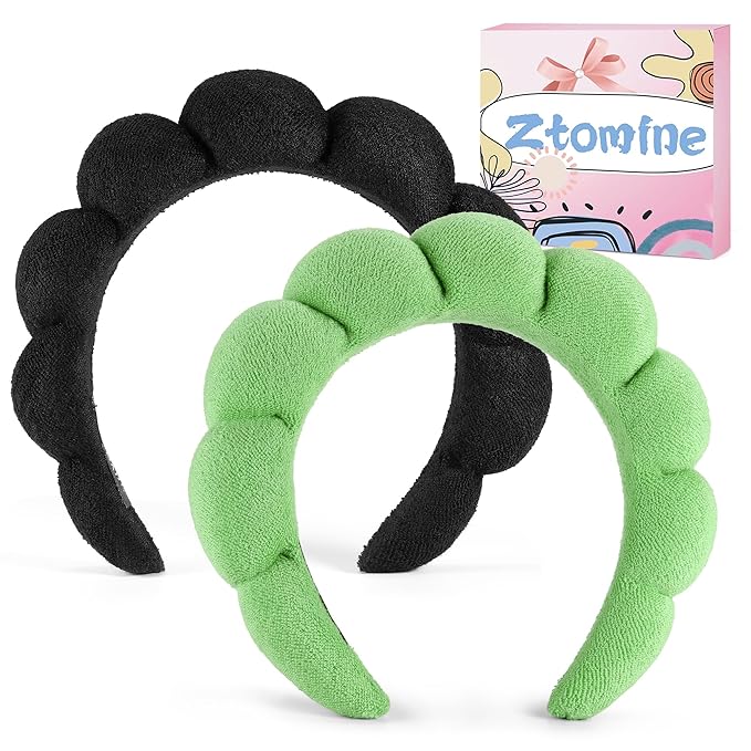 Ztomine 2 Count Hairband, Set of 2 - Thick, Soft, Plush, Absorbent Terry Cloth Spa Headbands for Washing Face or Facial - Puffy Makeup Headbands for Face Washing, Mask, Skin Treatment