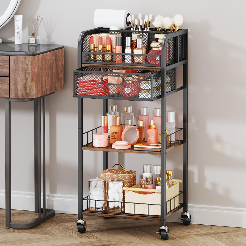 HapiRm Makeup Organizer Storage Cart - 4 Tier Skincare Make Up Storage with Drawer, Rolling Makeup Cart Vanity Organizer Cosmetics Display Cases Holder for Skin Care Perfume Nail Polish Brush