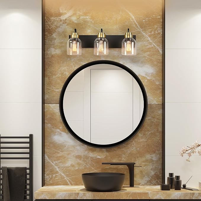 Globe Electric 22" 3-Light Matte Black Vanity Light with Matte Brass Accents and Glass Shades